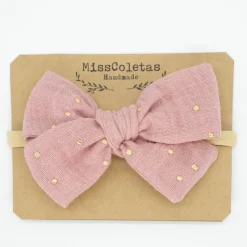 Diadema bebé lazo rosa topos oro