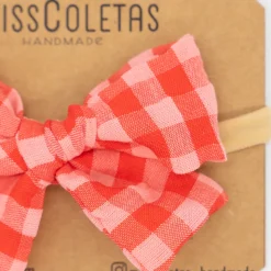 Diadema bebé lazo vichy bicolor fresa