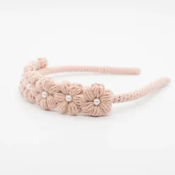 Diadema niña flores crochet perla rosa empolvado