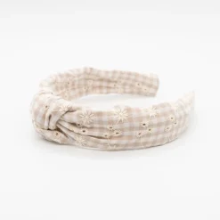Diadema nudo bordada vichy beige hecha a mano