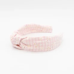 Diadema nudo bordada vichy rosa hecha a mano