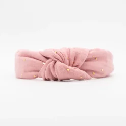 Diadema nudo gasa rosa topos oro hecha a mano