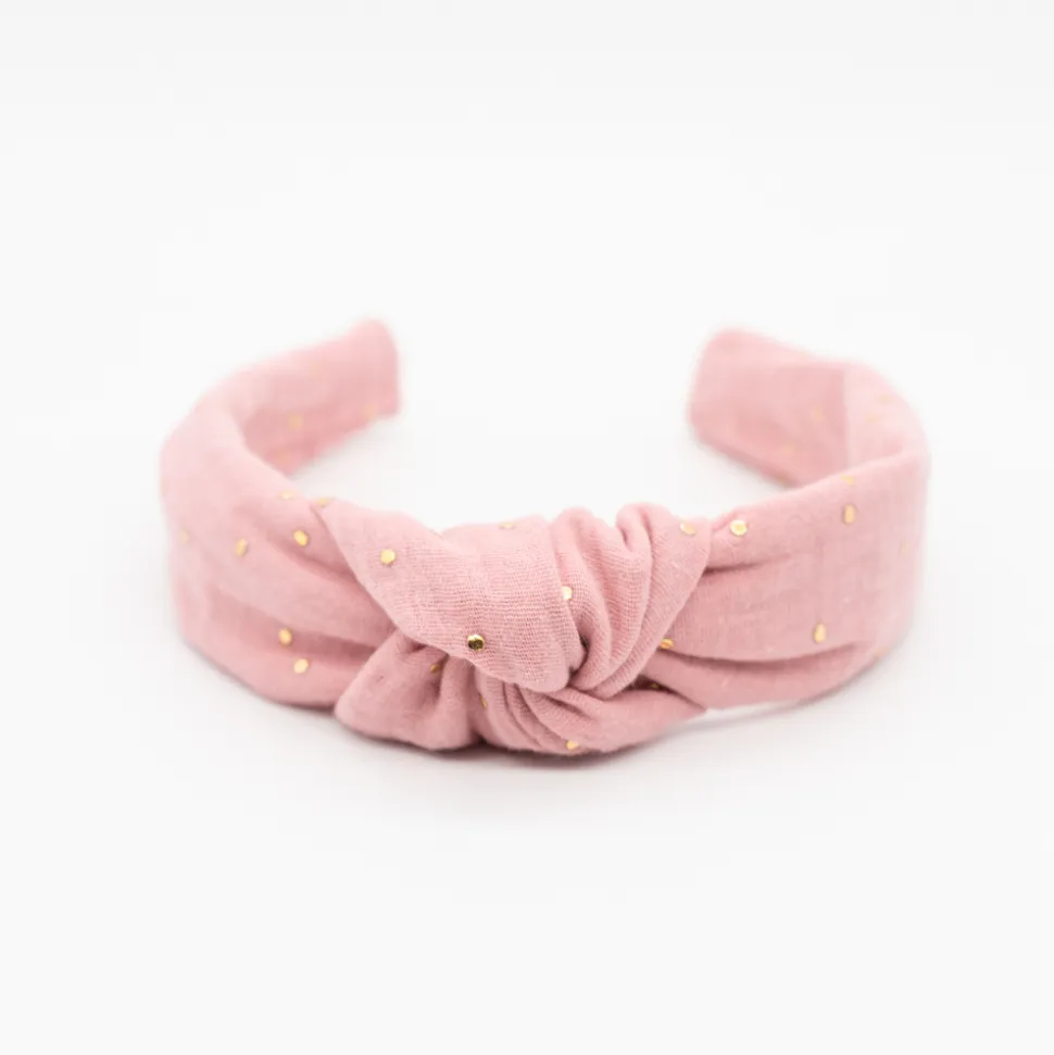 Diadema nudo gasa rosa topos oro hecha a mano