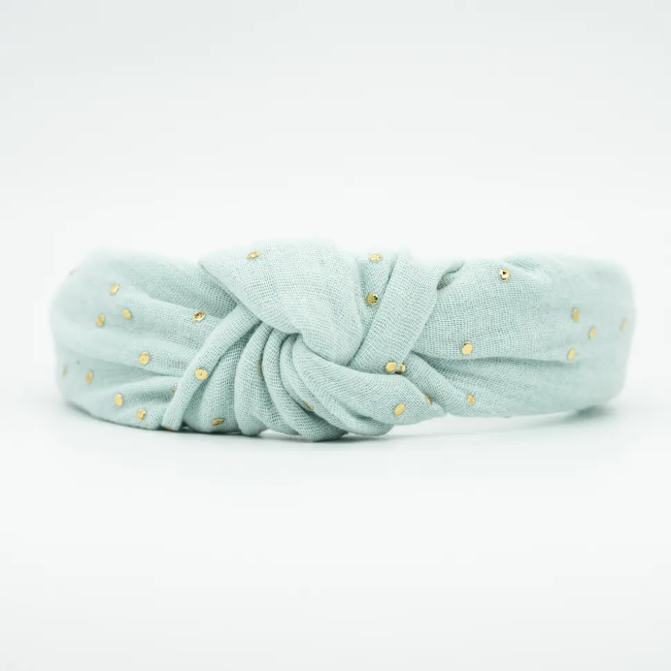 Diadema nudo gasa verde mint topos oro hecha a mano