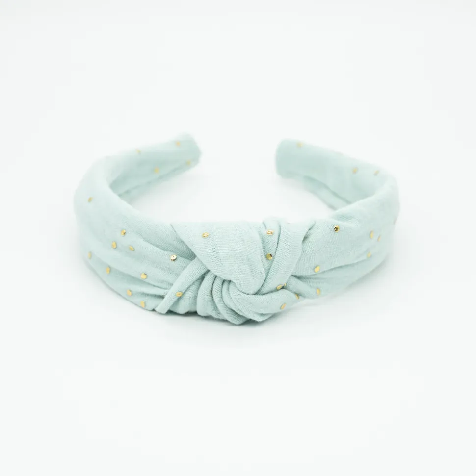 Diadema nudo gasa verde mint topos oro hecha a mano