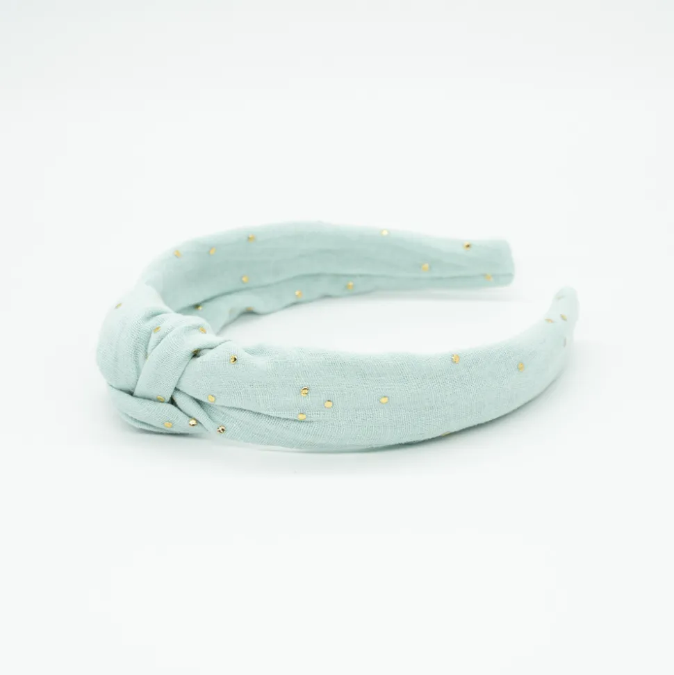Diadema nudo gasa verde mint topos oro hecha a mano