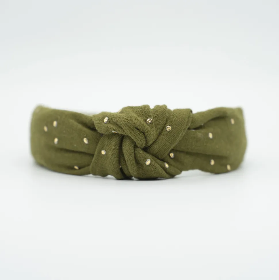 Diadema nudo gasa verde topos oro hecha a mano