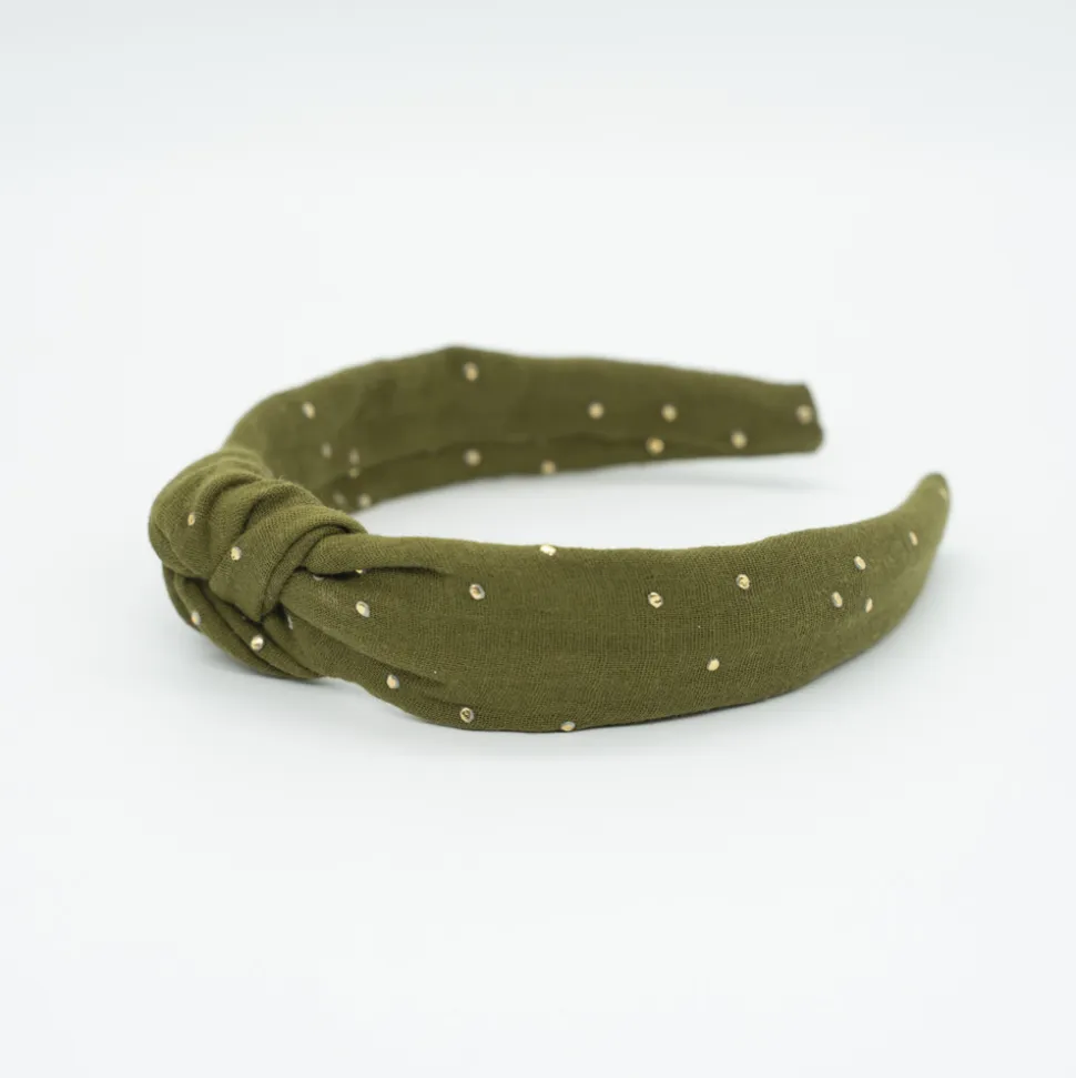 Diadema nudo gasa verde topos oro hecha a mano