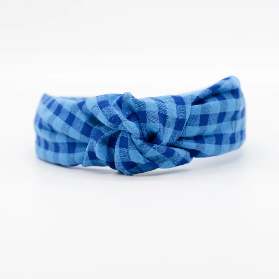 Diadema nudo vichy bicolor azul hecha a mano