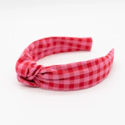 Diadema nudo vichy bicolor rojo frambuesa hecha a mano