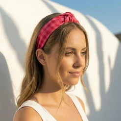 Diadema nudo vichy bicolor rojo frambuesa hecha a mano