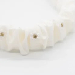 Diadema scrunchie blanca flores bordadas