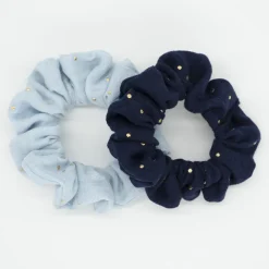 Pack coleteros scrunchie gasa azul topos oro