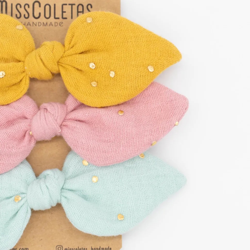 Pack de 3 coleteros lazo gasa topos oro